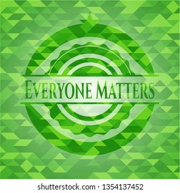 Everyone Matters green emblem with mosaic background