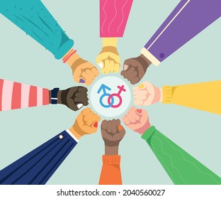 Everyone Put Their Fists Together For Gender Equality Vector Illustration Background.