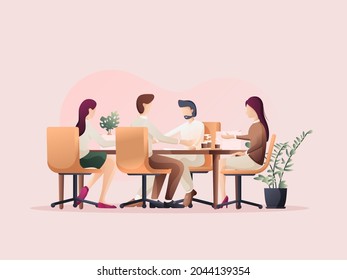 Everyone sat down and discussed matters in the meeting. Flat design Illustration about the discussion.