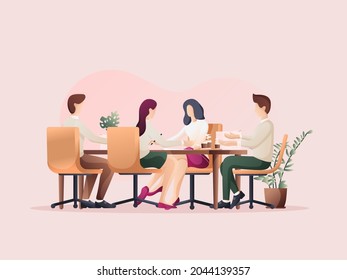 Everyone sat down and discussed matters in the meeting. Flat design Illustration about the discussion.