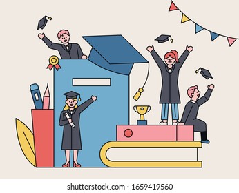 Everyone threw their caps when the graduation ceremony was finished. Large books are piled up and small characters in graduation gowns stand around.flat design style minimal vector illustration.