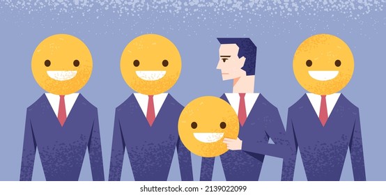 Everyone is wearing a mask with a smiling face. A man takes off his mask and puts on a depressed expression. Fake emotion, depression concept vector illustration.