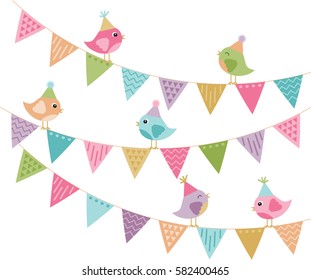 Everyone's Invited / Cute Party Birds Celebrating Wearing Party Hats and Sitting on Flag Bunting