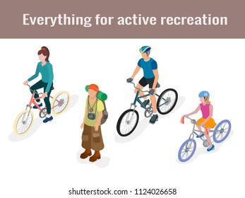 Everything for active rest, tourist and cyclists in isometric vector illustration 3d