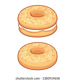 Everything bagel with cream cheese, traditional American breakfast or lunch food. Isolated vector illustration.