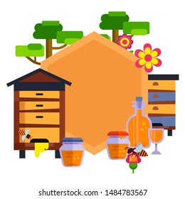 Everything for beekeeping and apiary cartoon vector illustration. Bee, honeycomb, beehive and honey jars. Apiary yellow composition and trees.