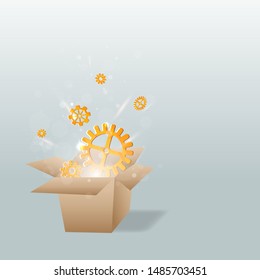 Everything begins with a creative idea poster, cute vector cartoon illustration for web and print. Box with gears bokeh lights, innovation smart inspiration industry business intention