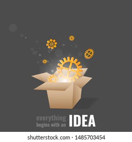 Everything begins with a creative idea poster, cute vector cartoon illustration for web and print. Box with gears bokeh lights, innovation smart inspiration industry business intention