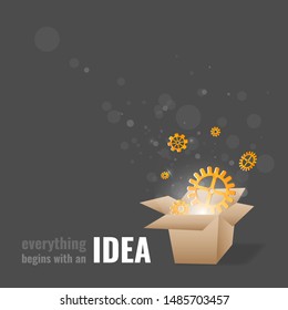 Everything begins with a creative idea poster, cute vector cartoon illustration for web and print. Box with gears bokeh lights, innovation smart inspiration industry business intention