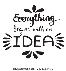 Everything begins with and idea. Hand drawn phrases and quotes about work, office, team, motivation, support and goals. Perfect for social media, web, typographic design. Vector illustration.