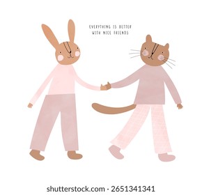 Tudo É Melhor Com Amigos Bonitos. Adorável Mão Desenhado Ilustração De Coelho Engraçado E Gato Marrom Bonito. Amizade De Coelho E Gatinho. Arte De Berçário Com Animais. Decoração De Quarto De Crianças. RGB