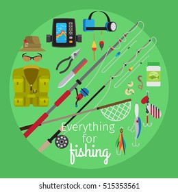 Everything for fishing vector cartoon illustration in circle shape on the green background