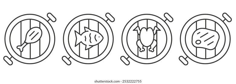 Everything for the grill thin line icons. Grill icons. Grilled meat. Barbecue grill. EPS 10.