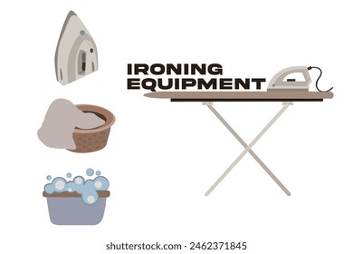 Everything for ironing. Vector illustration. Vector flat beige iron. Clean clothes for ironing. Laundry basket vector. A kind of wicker baskets for things. Everything for home comfort