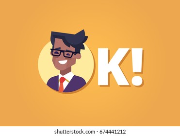 Everything is OK! Happy young black businessman in suit and tie winking and smiling. Inscription OK. Flat vector illustration.