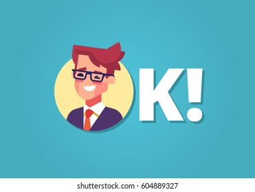 Everything is OK! Happy young businessman in suit and tie winking and smiling. Inscription OK. Flat vector illustration.