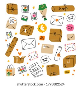 Everything is packed and delivered on time, mail boxes and letters, isolated illustrations, vector collection