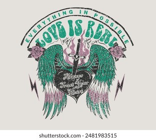 Everything is possible. Love is real. Heart with knife artwork, Eagle wing vector t-shirt design. America eagle rock and roll poster design. Music festival artwork. Rose. Freedom music tour.