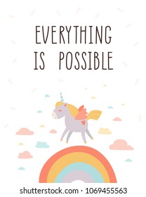 Everything is possible. Unicorn kids room poster. Inspirational and motivational. Stock vector