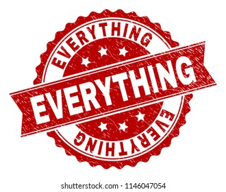 EVERYTHING seal imprint with corroded texture. Rubber seal imitation has circle medal form and contains ribbon. Red vector rubber print of EVERYTHING caption with corroded texture.