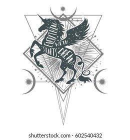 Everything starts with a dream. Magic unicorn silhouette with inspirational quote. Abstract geometric mystical symbol.Tribal fantasy hipster print for t-shirt, tattoo design. Ethnic decor.