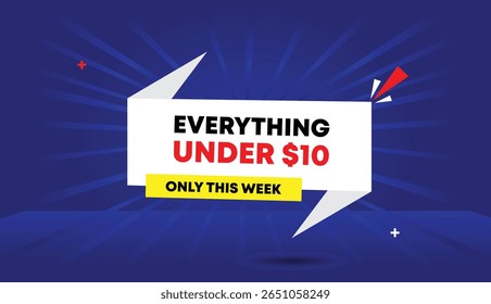Tudo Menos de $10 apenas esta semana editável banner web vetor arte ilustração rótulo ícone emblema modelo design com branco amarelo formas luz azul escuro gradiente abstrato negócio sol brilhar fundo