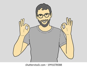 Everything under control trust me. Portrait of pleased friendly and self-assured handsome bearded man in glasses raising both hands on okay or excellent gesture smiling. hand drawn style vector design