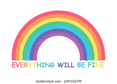 Everything will be fine. Inspirational text to overcome coronavirus pandemic. Simple Rainbow and color text doodle icon. Vector illustration isolated on white background.