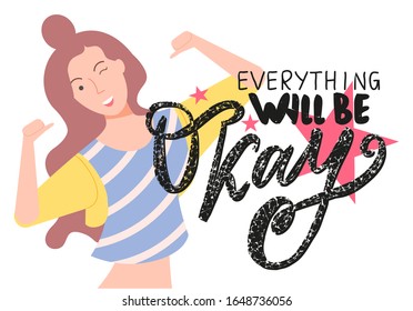 Everything will be okay vector, cheerful lady winking and pointing on herself. Emotional lady with happy face expression, gestures and posing. Inscription and female