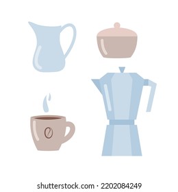 Everything you need for coffee time cup, geyser coffee maker, sugar bowl, milk jug. Vector illustration 