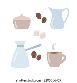 Everything you need for coffee time cup, geyser coffee maker, sugar bowl, milk jug. Vector illustration 