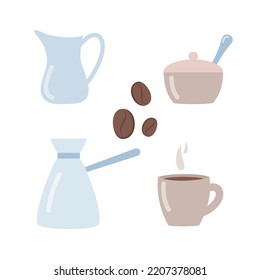 Everything you need for coffee time cup, geyser coffee maker, sugar bowl, milk jug. Vector illustration 