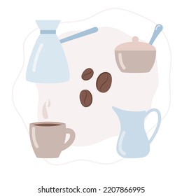 Everything you need for coffee time cup, geyser coffee maker, sugar bowl, milk jug. Vector illustration 