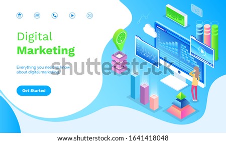Everything you need to know about digital marketing. Worker communicating with wireless device. Monitor of computer with graph report. Website or webpage template, landing page flat style vector