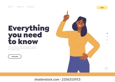 Everything you need to know landing page design template with woman pointing forefinger upward