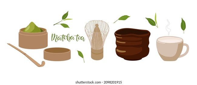 Everything you need to make green tea matcha. Open Bamboo Matcha Canisters full Powdered Matcha Green Tea, spoon, Matcha Brush, winter bowl, water cup. Traditional Japanese drink. Flat vector.