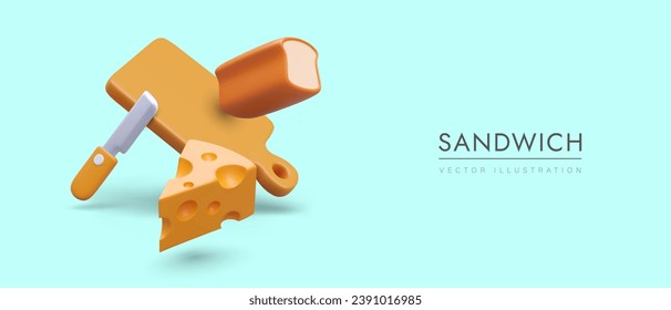 Everything you need to make sandwich. Vector composition of floating realistic objects. Toasted loaf of bread, cheese with holes, cutting board, knife. Concept on blue background, ads of store, bakery