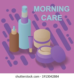 Everything you need for morning care before makeup. Creams, essence, patches, spay - is here. Vector 10 EPS illustration.