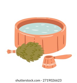 Alles, was Sie für einen entspannenden Wellnesstag benötigen, inklusive einer Holzwanne und einem Birkenwhisk. Eine gemütliche Illustration von traditionellem Wellness.