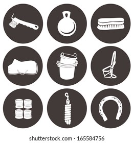 Everything you need to take care of your horse in a stable - perfect fully editable detailed set of vector icons with horse equipment. High quality equestrian illustration. 