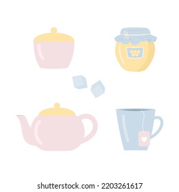 Everything you need for tea time cup, teapot, sugar bowl, jar of honey. Vector illustration