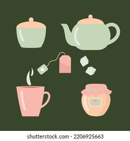 Everything you need for tea time cup, teapot, sugar bowl, jar of honey. Vector illustration