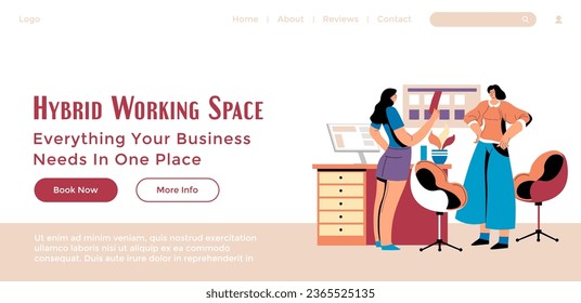 Everything your business needs in one place, hybrid working space. Office with furniture and devices, people cooperating and talking. Website landing page template, internet site. Vector in flat style