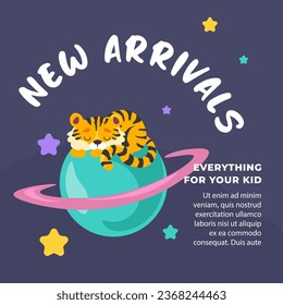 Everything for your kid, children products on sale and discounts, special prices and promo. New arrivals and items for child and newborn baby. Promotional banner, advertising vector in flat style