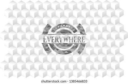 Everywhere retro style grey emblem with geometric cube white background