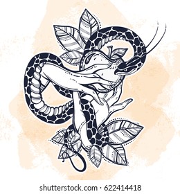 Eve's hands with forbidden fruit and snake. Hand-drawn tattoo art. Element of a Biblical story of Eve. Vintage isolated vector art on watercolor background