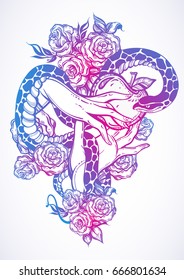 Eve's hands with forbidden fruit and snake. Beautiful roses around. Hand-drawn vector artwork isolated. Element of a Biblical story of Eve. Tattoo art, print, poster, textile. Vintage, boho, romance.