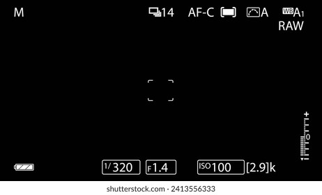 EVF Display Mockup Vector Illustration. Mirrorless camera viewfinder overlay. 16:9 full HD format template. Camera frame vector template. Black lines and text with indicators