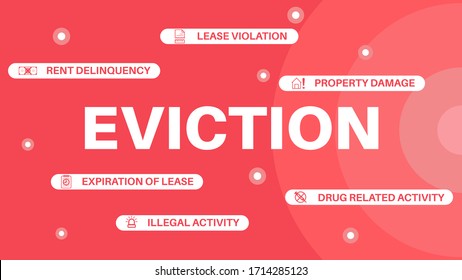 Eviction concept vector for real estate with related words like rent delinquency, Lease Violation, Property Damage, Expiration of Lease, Illegal or Drug Related Activity