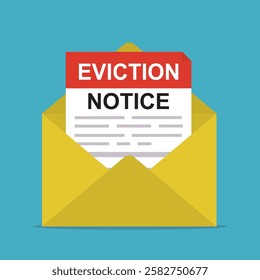 Eviction notice legal document in envelope. Letter with paper document on blue background. Notice to vacate form eviction credit debt real estate, business concept. flat vector illustration